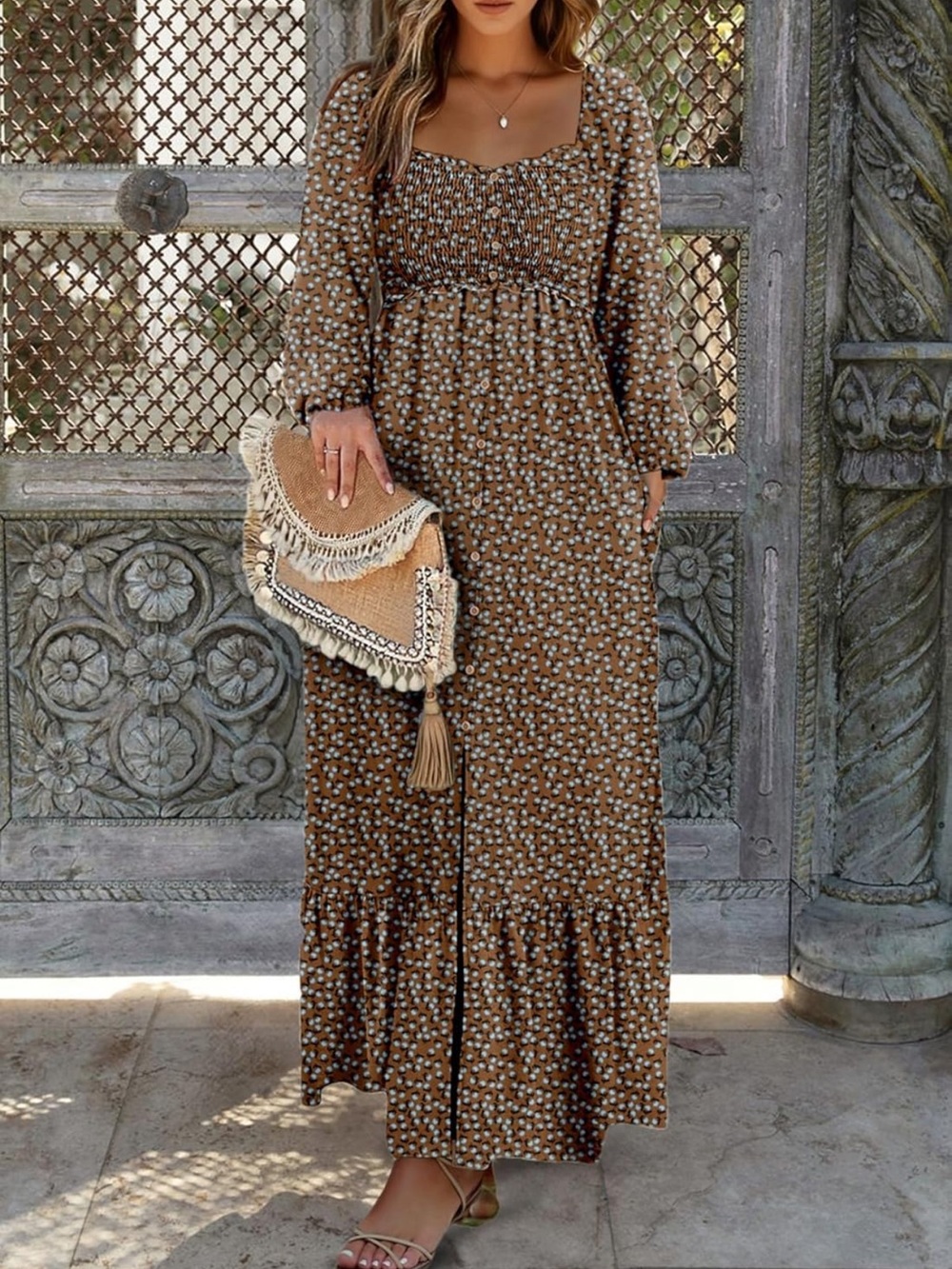 Dokotoo NWOT Brown Floral Smocked Long-sleeve Maxi Dress Boho Flowy - Medium